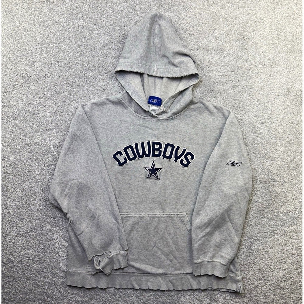 Vintage Dallas Cowboys Reebok Hoodie Mens Large Gray Distressed NFL Sweatshirt